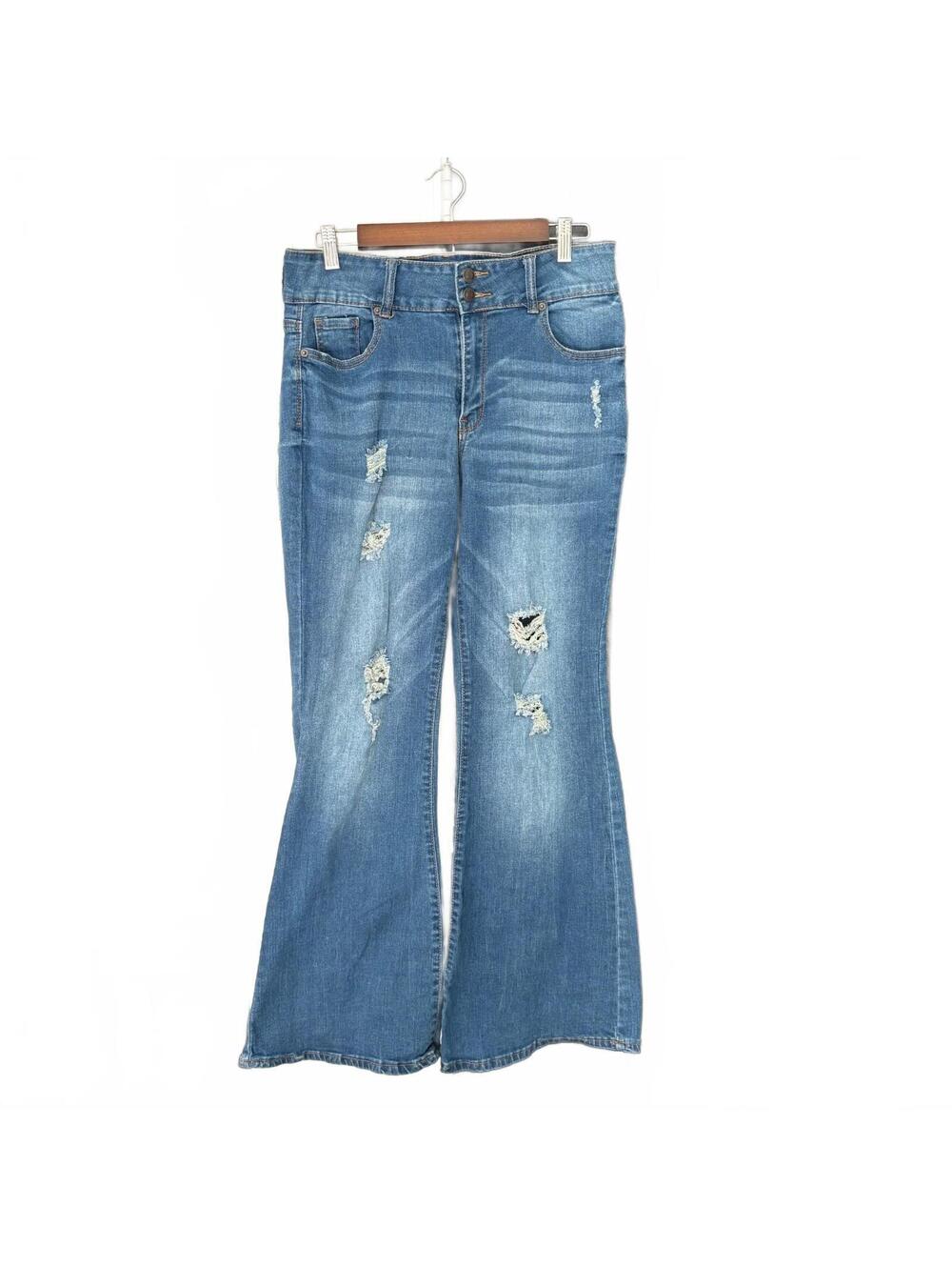 rue21 Medium Wash Distressed High Rise Flare Jeans Women's Size 11